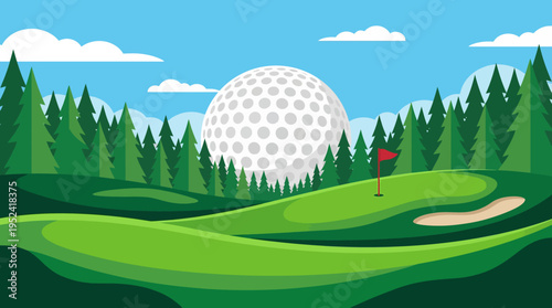 Majestic oversized golf ball dominates a serene golf course landscape, an enchanting illustration of the sport's grand scale and beauty under a clear sky