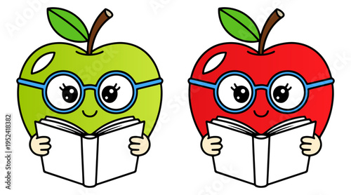 Cartoon Apple Reading Book Character Vector
