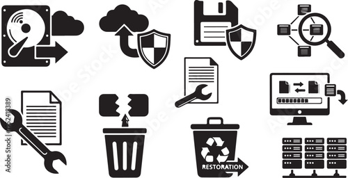 Data Security and Maintenance Icons for Technology and Business
