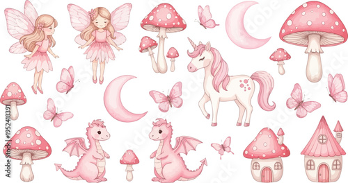 Whimsical pink fairy creatures and mushrooms in a dreamy fantasy setting with butterflies and crescent moons