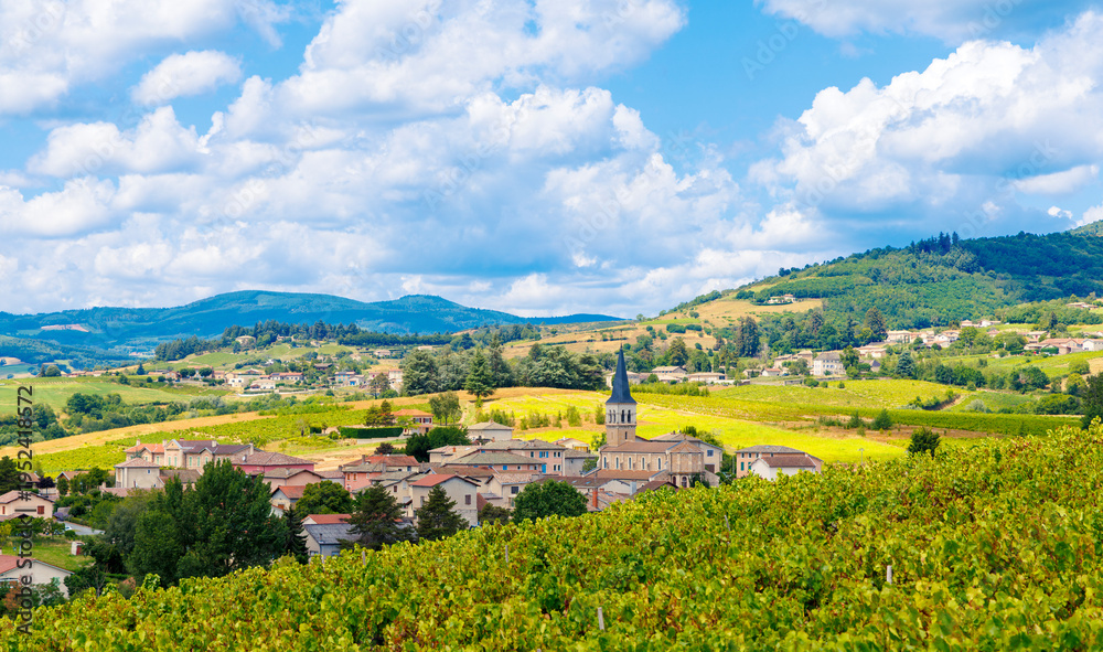 Fototapeta premium Travel destination in France, Rural village in vineyard in Burgundy, beaujolais