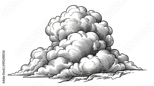 Massive cumulus cloud rendered in a detailed vintage illustration style