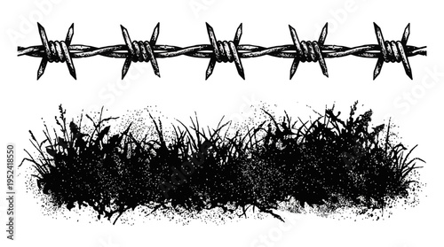 Barbed wire fence line above a patch of grassy earth illustration
