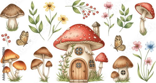 Whimsical illustration of a mushroom house surrounded by flowers and fungi