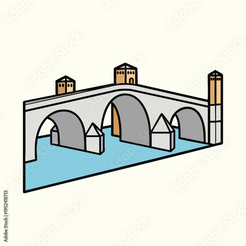 A cartoon depiction of a stone bridge over a blue body of water. Featuring rectangular structures. Arches and towers complete the simple illustration