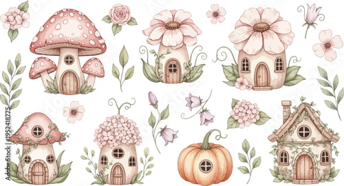 Whimsical illustration of tiny fairy houses and mushrooms in a garden with flowers and greenery