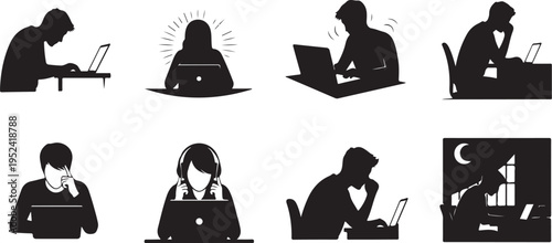 Silhouettes of people working on laptops in various settings