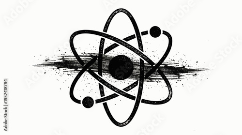 Dynamic representation of atomic structure embodying scientific inquiry, fundamental forces, and interconnected elements of the universe