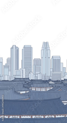Vector illustration of modern city skyline with traditional Asian building isolated on White Background