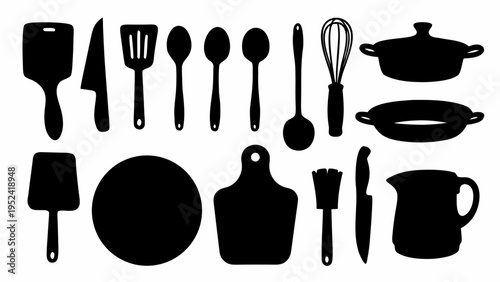 Black kitchen utensil icons set including chef knife cutting board pots pan and cooking tools on white background