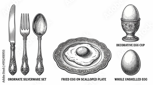 Detailed Engraving of Classic Dining Utensils and Various Egg Preparations for a Traditional Breakfast Setting