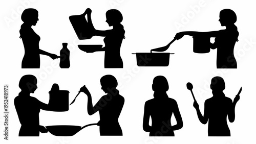 Silhouette icons of people cooking and preparing food in various kitchen actions and poses
