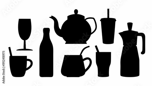 Black silhouettes of assorted drinkware and glasses on white background including teapot cups bottle and coffee maker