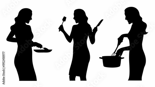 Silhouettes of women cooking preparing and serving food with utensils and pots