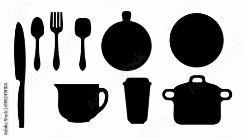 Minimalist kitchen utensils and dishware icons set in black silhouette on white background for cooking and dining design