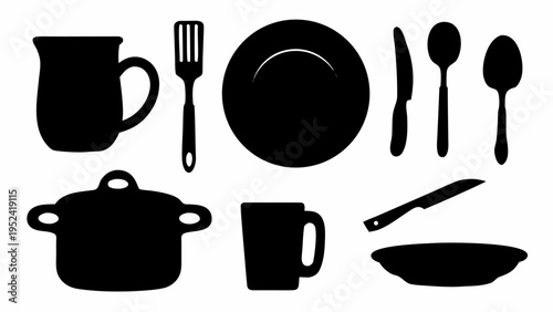 Black kitchen utensil and dish icons set on white background for cooking and dining