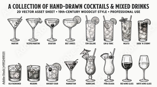 Vintage Hand-Drawn Cocktail Illustrations Collection - Classic Mixed Drink Vector Set for Professional Use