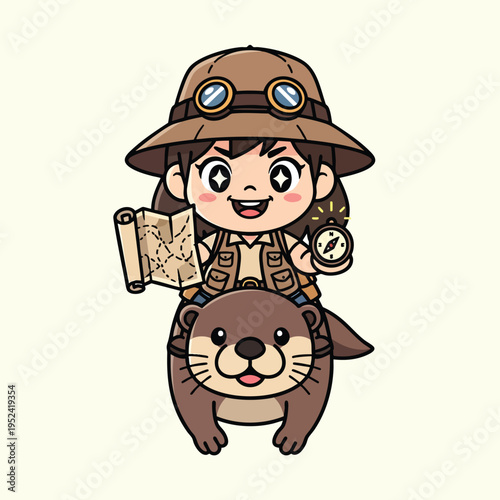 A cartoon explorer, with a map and compass, rides an otter. They wear a hat and vest. The image is on a light beige background