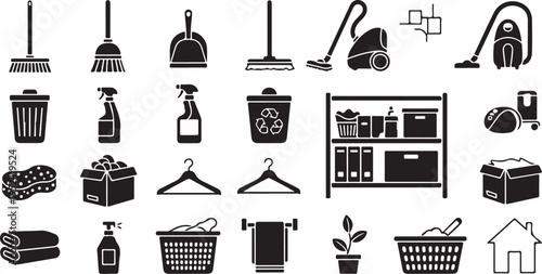 Cleaning Supplies and Household Items Icon Set Vector Graphics