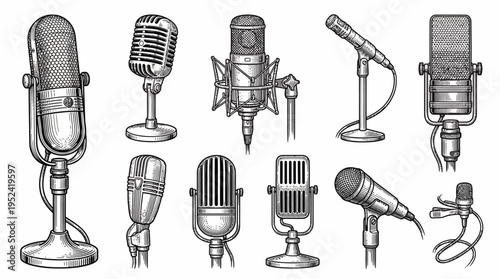 Retro microphone collection, vintage audio equipment for recording and broadcasting