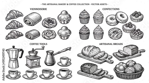 Vector Assets of Viennoiserie, Coffee Tools, Confections, and Artisanal Breads
