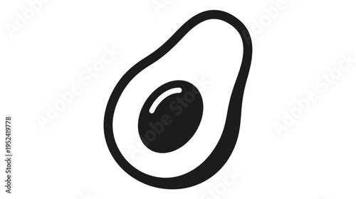 A simple and clean black and white illustration of a ripe avocado half with its pit