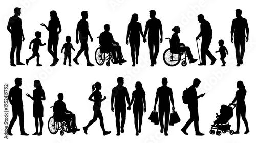 Diverse human silhouettes depicting a community's fabric, showcasing individuals, families, and various abilities in everyday life scenarios