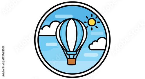 A colorful, circular illustration depicts a hot air balloon floating in a blue sky with clouds and a sun. The image has a clean design