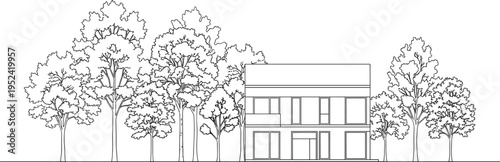 Minimalist black and white line of a house with trees and a fence line house