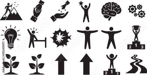 Business success and achievement icons in black and white