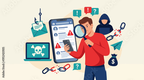 Man analyzing suspicious online activity, phishing scams, and digital threats for enhanced cybersecurity