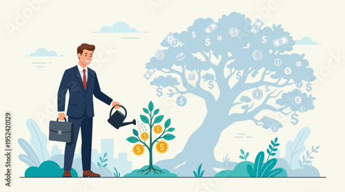 Businessman Nurturing a Small Money Tree, Symbolizing Strategic Investment and Future Financial Growth Towards Wealth Accumulation
