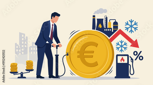 Businessman battling economic inflation with a Euro coin pump amidst rising energy costs and market downturn