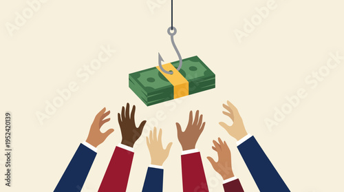 Money bait on a hook Diverse hands reaching for financial temptation, greed, and the pursuit of wealth
