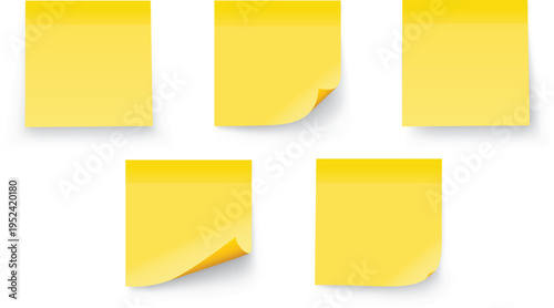 Sticky Notes Set, Yellow Adhesive Paper Notes with Curl Realistic Mockup Collection