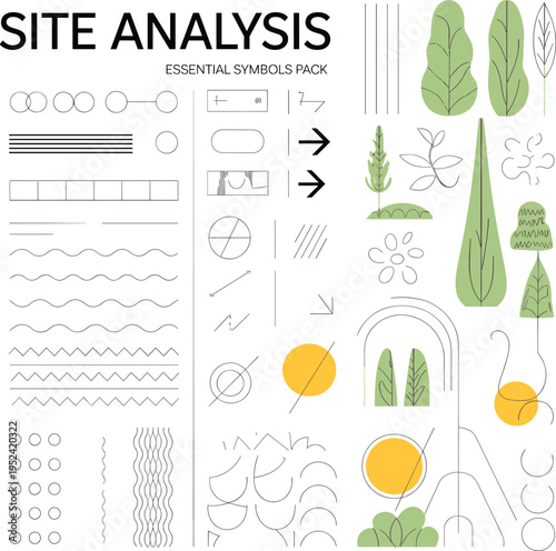 Site analysis essential symbols pack with landscape and vegetation trees