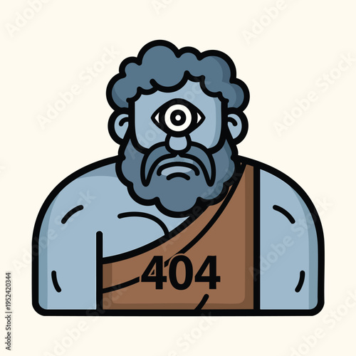 A cartoon illustration of a cyclops with blue skin, grey hair, and a brown tunic. "404" error text is displayed on the tunic