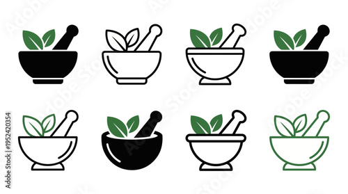 Herbal Medicine Mortar and Pestle Icons Collection for Natural Health and Wellness Graphics