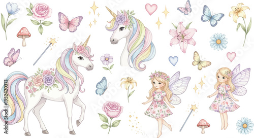 Whimsical illustration of unicorns fairies butterflies flowers and hearts in pastel colors on white background
