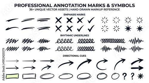 Professional Hand-Drawn Annotation Marks and Symbols Vector Asset Set for Highlighting and Emphasizing