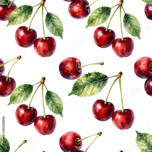 Seamless Watercolor Red Cherry Pattern With Green Leaves On White
