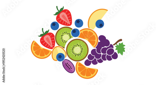 A vibrant, flat-design illustration of various fruits including strawberries, kiwis, grapes, blueberries, and oranges, on a white background