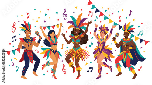 Carnival dancers in vibrant costumes celebrating with music and confetti