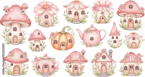 Collection of whimsical pink mushroom houses in various shapes and sizes