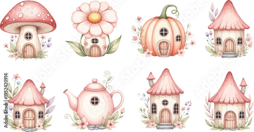 Whimsical watercolor illustrations of fantastical houses and floral structures