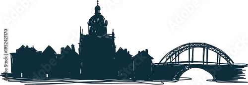 European city skyline with arched bridge and dome building, historical architecture silhouette