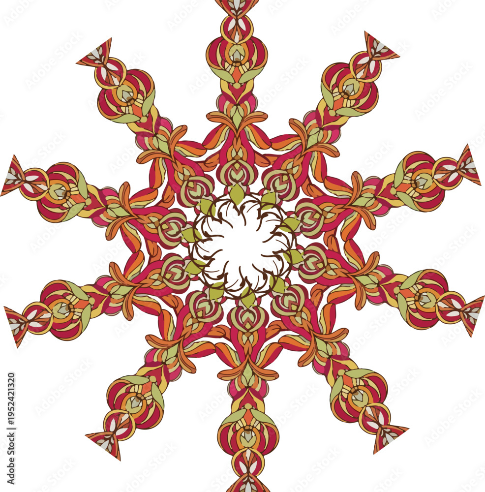 Fototapeta premium Elegant Bronze Ornate Starburst Mandala with Intricate Symmetrical Scrollwork and Calligraphic Filigree Flourish on White Background