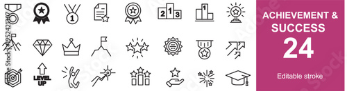 Achievement and Success Line Icons Set – Goals, Awards and Growth Editable Stroke Vector