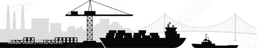 Industrial port logistics silhouette with cargo ship crane and suspension bridge on background