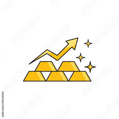 Gold bars rising with star sparkles and arrow